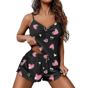 image:imageEkouaer Womens Cami Pajama Sets 2 Piece Ribbed Knit Lingerie Sleeveless Tank Top and Shorts Camisole Pjs SleepwearPink Hearts Print