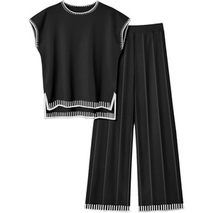 image:imageEkouaer Womens Matching Sets Knit Sweater Sets 2 Pieces Outfits Pullover Tops Wide Legs Pants Lounge SetBlack