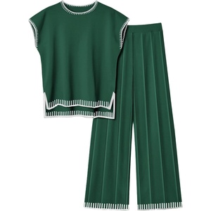 image:imageEkouaer Womens Matching Sets Knit Sweater Sets 2 Pieces Outfits Pullover Tops Wide Legs Pants Lounge SetBright Green