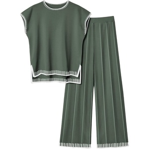 image:imageEkouaer Womens Matching Sets Knit Sweater Sets 2 Pieces Outfits Pullover Tops Wide Legs Pants Lounge SetDeep Green