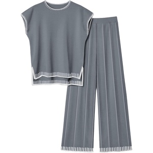 image:imageEkouaer Womens Matching Sets Knit Sweater Sets 2 Pieces Outfits Pullover Tops Wide Legs Pants Lounge SetGrey