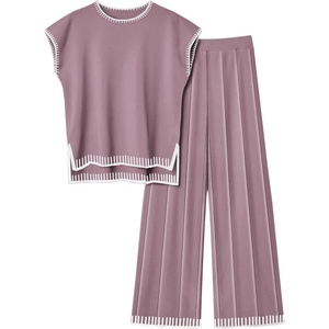 image:imageEkouaer Womens Matching Sets Knit Sweater Sets 2 Pieces Outfits Pullover Tops Wide Legs Pants Lounge SetPurple