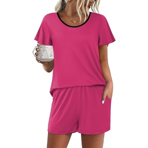 image:imageEkouaer Womens Pajama Set Summer Short Sleeve Pjs Sleepwear Cute 2 Piece Lounge Sets SXXLRose Red