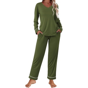 image:imageEkouaer Womens Pajama Sets 2 piece Lounge Sets for Women Vneck Long Sleeve Top and Elastic Waist Pants with PocketsArmy Green