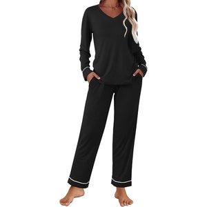 image:imageEkouaer Womens Pajama Sets 2 piece Lounge Sets for Women Vneck Long Sleeve Top and Elastic Waist Pants with PocketsBlack