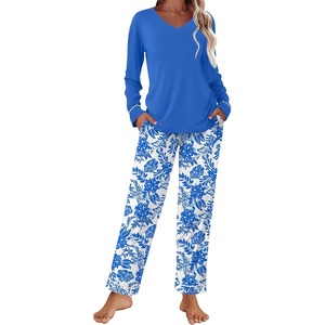 image:imageEkouaer Womens Pajama Sets 2 piece Lounge Sets for Women Vneck Long Sleeve Top and Elastic Waist Pants with PocketsBlue Floral