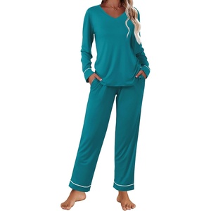 image:imageEkouaer Womens Pajama Sets 2 piece Lounge Sets for Women Vneck Long Sleeve Top and Elastic Waist Pants with PocketsBlue Green