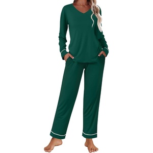 image:imageEkouaer Womens Pajama Sets 2 piece Lounge Sets for Women Vneck Long Sleeve Top and Elastic Waist Pants with PocketsLake Green