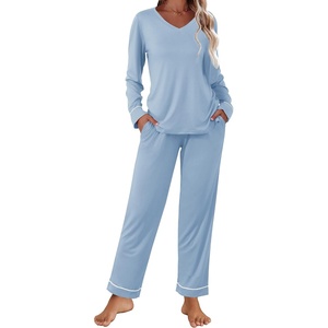 image:imageEkouaer Womens Pajama Sets 2 piece Lounge Sets for Women Vneck Long Sleeve Top and Elastic Waist Pants with PocketsLight Blue
