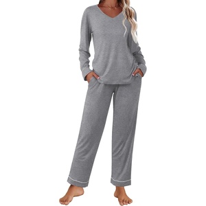 image:imageEkouaer Womens Pajama Sets 2 piece Lounge Sets for Women Vneck Long Sleeve Top and Elastic Waist Pants with PocketsMix Grey