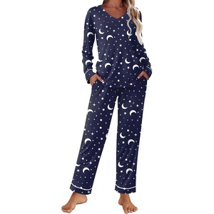 image:imageEkouaer Womens Pajama Sets 2 piece Lounge Sets for Women Vneck Long Sleeve Top and Elastic Waist Pants with PocketsMoon Star