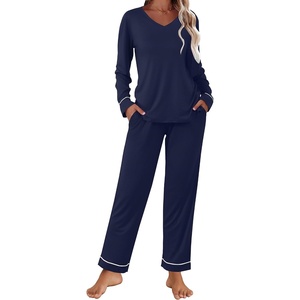 image:imageEkouaer Womens Pajama Sets 2 piece Lounge Sets for Women Vneck Long Sleeve Top and Elastic Waist Pants with PocketsNavy Blue
