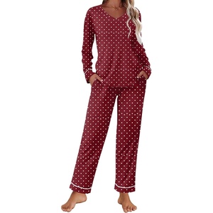 image:imageEkouaer Womens Pajama Sets 2 piece Lounge Sets for Women Vneck Long Sleeve Top and Elastic Waist Pants with PocketsRed Dots