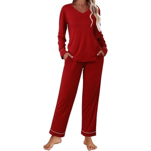 image:imageEkouaer Womens Pajama Sets 2 piece Lounge Sets for Women Vneck Long Sleeve Top and Elastic Waist Pants with PocketsWine Red