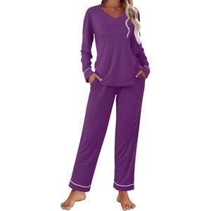 image:imageEkouaer Womens Pajama Sets 2 piece Lounge Sets for Women Vneck Long Sleeve Top and Elastic Waist Pants with PocketsWineberry