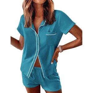 image:imageEkouaer Womens Pajama Sets Button Down Lounge Set 2 Piece Loungewear Soft Sleepwear Short Sleeve Pjs with PocketsDark Peacock Blue
