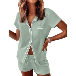image:imageEkouaer Womens Pajama Sets Button Down Lounge Set 2 Piece Loungewear Soft Sleepwear Short Sleeve Pjs with PocketsGreen