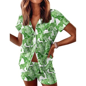 image:imageEkouaer Womens Pajama Sets Button Down Lounge Set 2 Piece Loungewear Soft Sleepwear Short Sleeve Pjs with PocketsGreen Hawaiian Leaves
