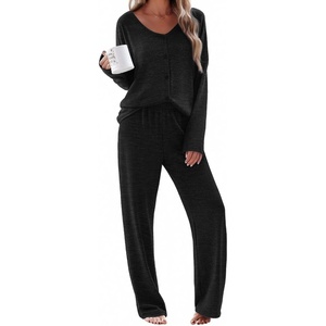 image:imageEkouaer Womens Pajama Sets Button Up Long Sleeve Pjs Soft Lounge Set 2 Piece Sleepwear with PocketsBlack