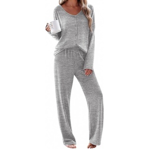 image:imageEkouaer Womens Pajama Sets Button Up Long Sleeve Pjs Soft Lounge Set 2 Piece Sleepwear with PocketsLight Grey