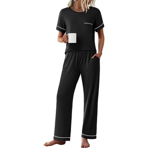 image:imageEkouaer Womens Pajama Sets Short Sleeve Top and Pants 2 Piece Pjs Soft Sleepwear Comfy Lounge Set SXXLBlack