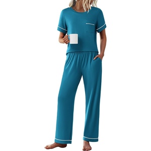 image:imageEkouaer Womens Pajama Sets Short Sleeve Top and Pants 2 Piece Pjs Soft Sleepwear Comfy Lounge Set SXXLBlue Green