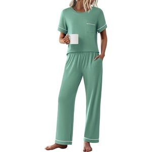 image:imageEkouaer Womens Pajama Sets Short Sleeve Top and Pants 2 Piece Pjs Soft Sleepwear Comfy Lounge Set SXXLGreen