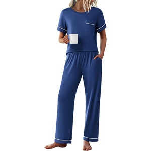 image:imageEkouaer Womens Pajama Sets Short Sleeve Top and Pants 2 Piece Pjs Soft Sleepwear Comfy Lounge Set SXXLNavy Blue