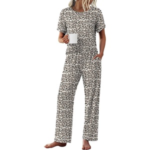 image:imageEkouaer Womens Pajama Sets Short Sleeve Top and Pants 2 Piece Pjs Soft Sleepwear Comfy Lounge Set SXXLWhite Leopard