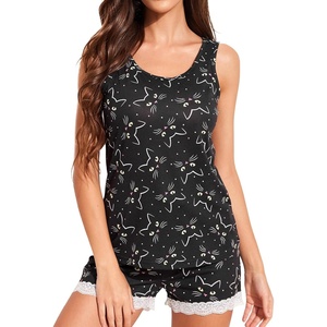 image:imageEkouaer Womens Pajama Sets Sleeveless Tank Top and Shorts Pj Set Lace Hem Sleepwear SXXXLBlack Cat