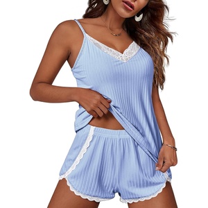image:imageEkouaer Womens Pajama Sets Soft Lingerie Sleepwear 2 Piece Cami Shorts Set V Neck Pj Lace NightwearBlue