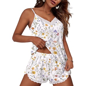 image:imageEkouaer Womens Pajama Sets Soft Lingerie Sleepwear 2 Piece Cami Shorts Set V Neck Pj Lace NightwearWhite Floral