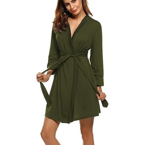 image:imageEkouaer Womens Robe Lightweight Cotton Robes Short Knit Bathrobe Soft Ladies Sleepwear with PocketsArmy Green