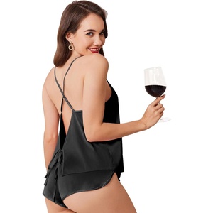 image:imageEkouaer Womens Satin Pajama Set Backless Cami Top and Shorts Soft Pjs Set for Lounging or SleepwearBright Black