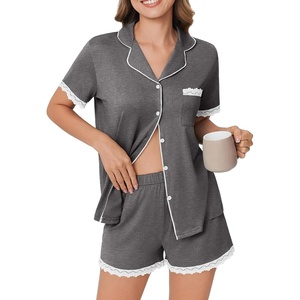 image:imageEkouaer Womens Short Sleeve Pajamas Set Soft Sleepwear Button Down Lounge Set Lace Top and Shorts Pj NightwearDeep Grey