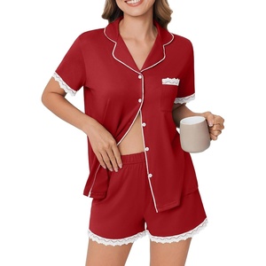 image:imageEkouaer Womens Short Sleeve Pajamas Set Soft Sleepwear Button Down Lounge Set Lace Top and Shorts Pj NightwearDeep Red