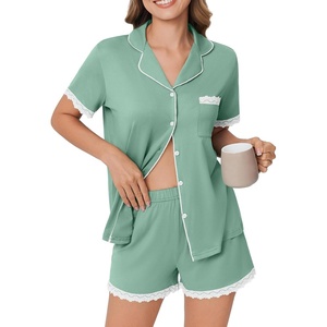 image:imageEkouaer Womens Short Sleeve Pajamas Set Soft Sleepwear Button Down Lounge Set Lace Top and Shorts Pj NightwearGreen