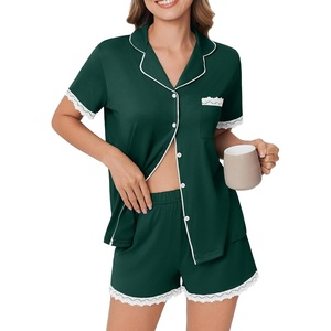 image:imageEkouaer Womens Short Sleeve Pajamas Set Soft Sleepwear Button Down Lounge Set Lace Top and Shorts Pj NightwearLake Green