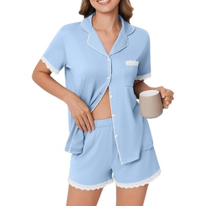 image:imageEkouaer Womens Short Sleeve Pajamas Set Soft Sleepwear Button Down Lounge Set Lace Top and Shorts Pj NightwearLight Blue