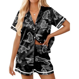 image:imageEkouaer Womens Silk Pajama Sets Button Up Satin Pjs Short Sleeve 2 Piece Pj Sets Cute Lounge Sets with Chest PocketBlack Leopard