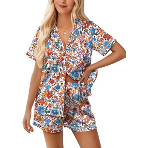 image:imageEkouaer Womens Silk Pajama Sets Button Up Satin Pjs Short Sleeve 2 Piece Pj Sets Cute Lounge Sets with Chest PocketBloom Little Flower