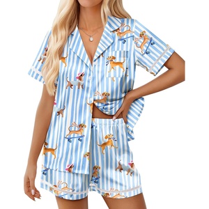 image:imageEkouaer Womens Silk Pajama Sets Button Up Satin Pjs Short Sleeve 2 Piece Pj Sets Cute Lounge Sets with Chest PocketDogs