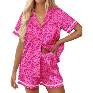 image:imageEkouaer Womens Silk Pajama Sets Button Up Satin Pjs Short Sleeve 2 Piece Pj Sets Cute Lounge Sets with Chest PocketLeopard Print Pink