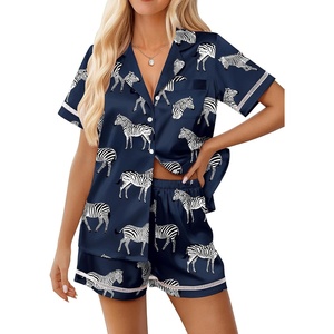 image:imageEkouaer Womens Silk Pajama Sets Button Up Satin Pjs Short Sleeve 2 Piece Pj Sets Cute Lounge Sets with Chest PocketNavy Blue Zebra