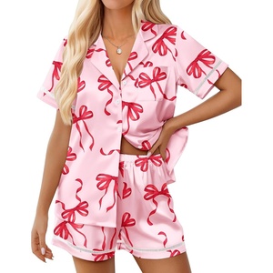 image:imageEkouaer Womens Silk Pajama Sets Button Up Satin Pjs Short Sleeve 2 Piece Pj Sets Cute Lounge Sets with Chest PocketPink Bow