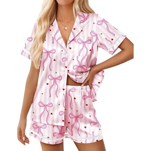image:imageEkouaer Womens Silk Pajama Sets Button Up Satin Pjs Short Sleeve 2 Piece Pj Sets Cute Lounge Sets with Chest PocketPink Hearts Bow
