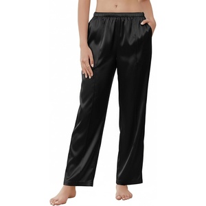 image:imageEkouaer Womens Silk Satin Pajama Pants Wide Leg Lounge Pants for Women Elastic Waist Pj Bottoms with Side PocketsBlack