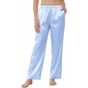 image:imageEkouaer Womens Silk Satin Pajama Pants Wide Leg Lounge Pants for Women Elastic Waist Pj Bottoms with Side PocketsLight Blue