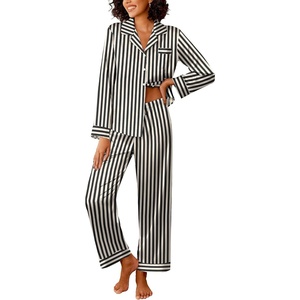 image:imageEkouaer Womens Silk Satin Pajama Sets 2 Piece Sleepwear Pjs Set Long Sleeve Button Down Top and Pants Stripe Loungewear SXXLBlack Champagne Stripe