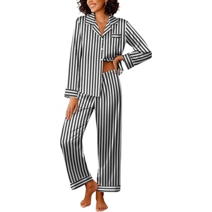 image:imageEkouaer Womens Silk Satin Pajama Sets 2 Piece Sleepwear Pjs Set Long Sleeve Button Down Top and Pants Stripe Loungewear SXXLBlack White Stripe